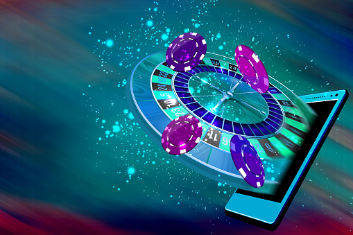 Mobile casino or roulette and casino coins flying out from a mobile